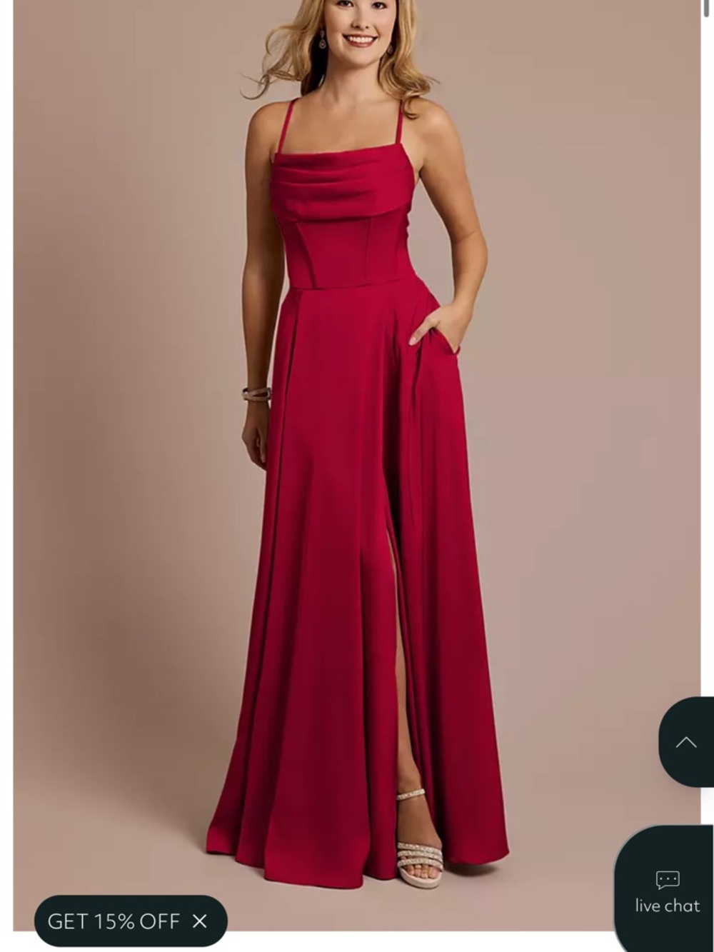 David's Bridal Red Spaghetti-Strap A-Line Gown with Side Slit, Galina Signature